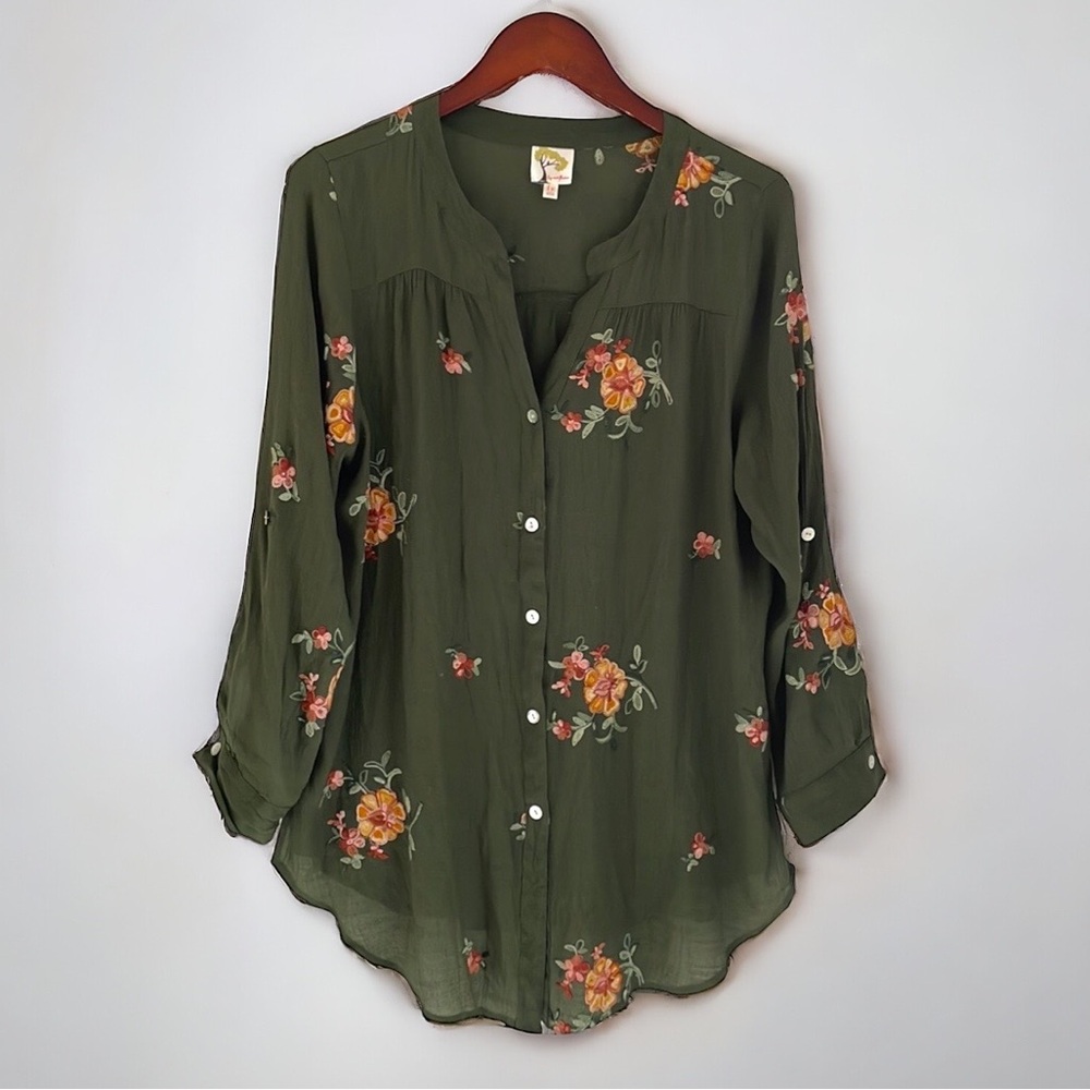 Anthropologie Tunic Blouse Womens Size 1X Embroidered Floral Peasant Button Up